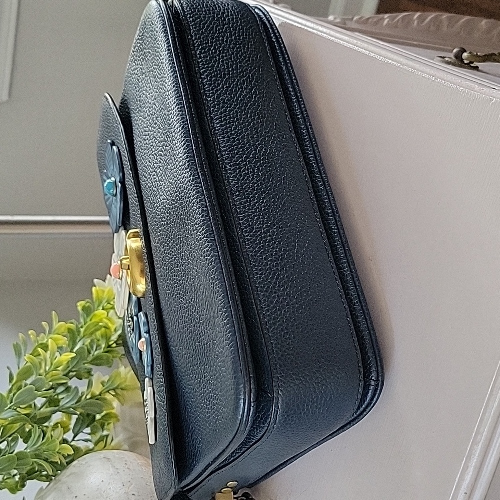 Navy Floral Appliqué Leather Shoulder Bag - Picture 10 of 15
